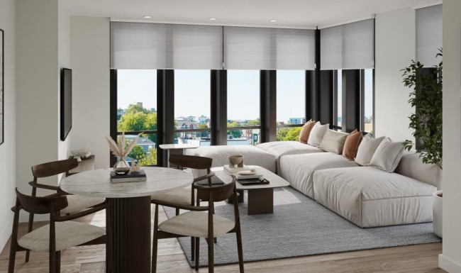 a bedroom with a large window